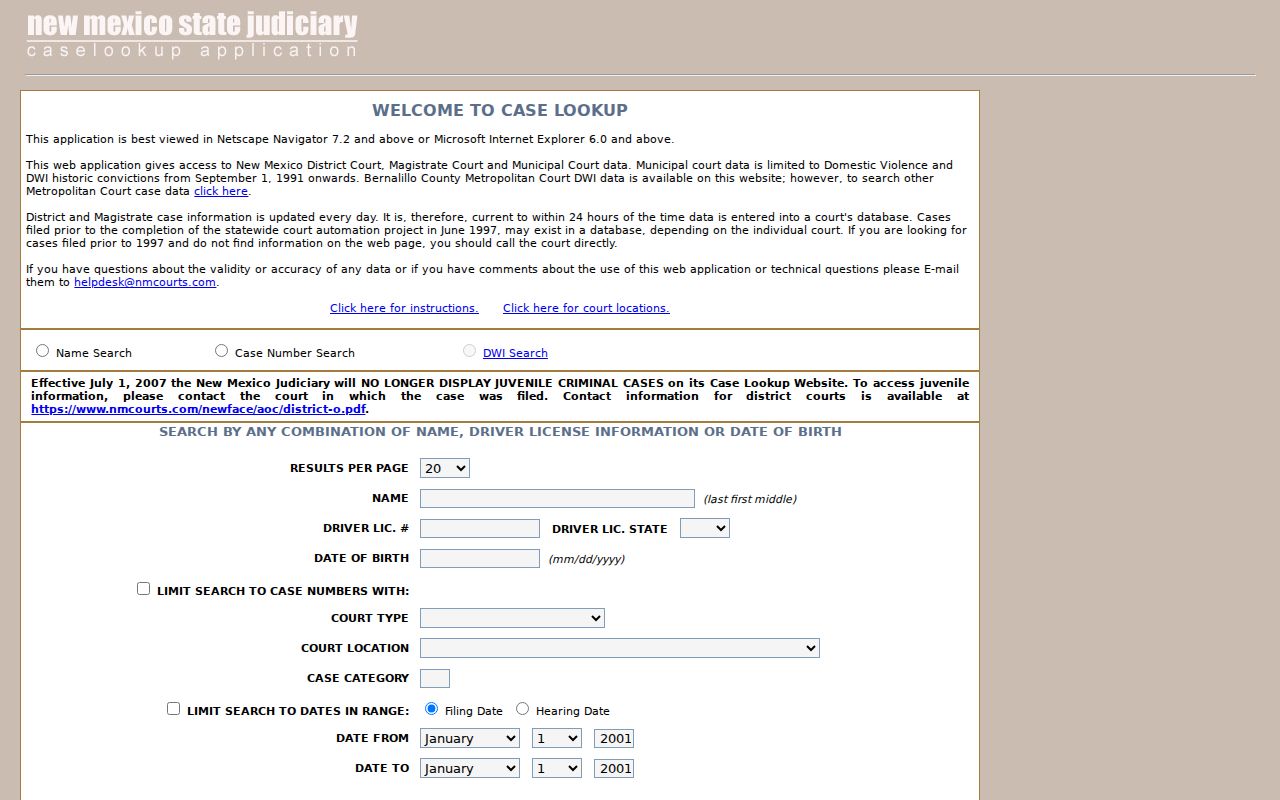 Guadalupe County traffic court records New Mexico Case Lookup court docket search form